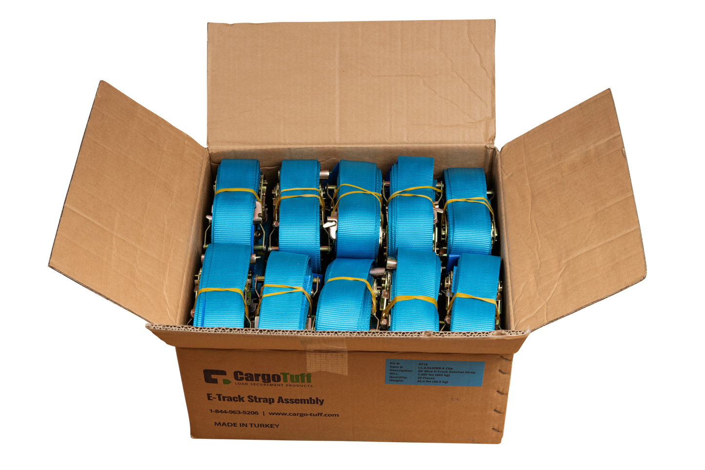 20' Blue E-Track Ratchet Strap ($8.34 Each - Box of 20) CargoTuff