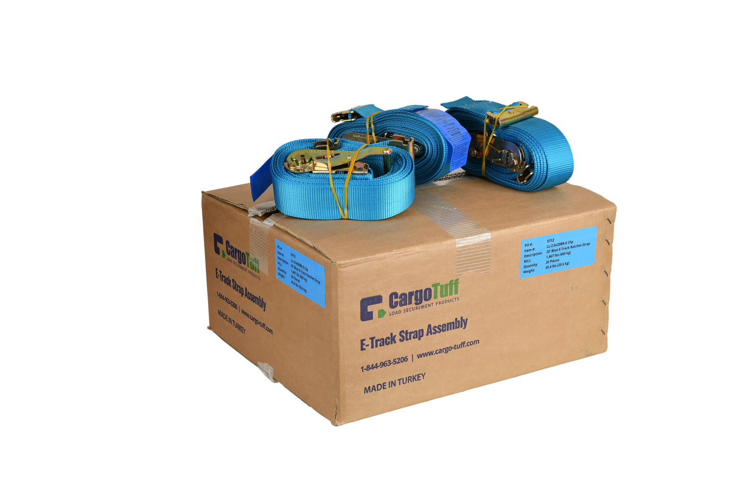 20' Blue E-Track Ratchet Strap ($8.34 Each - Box of 20) CargoTuff